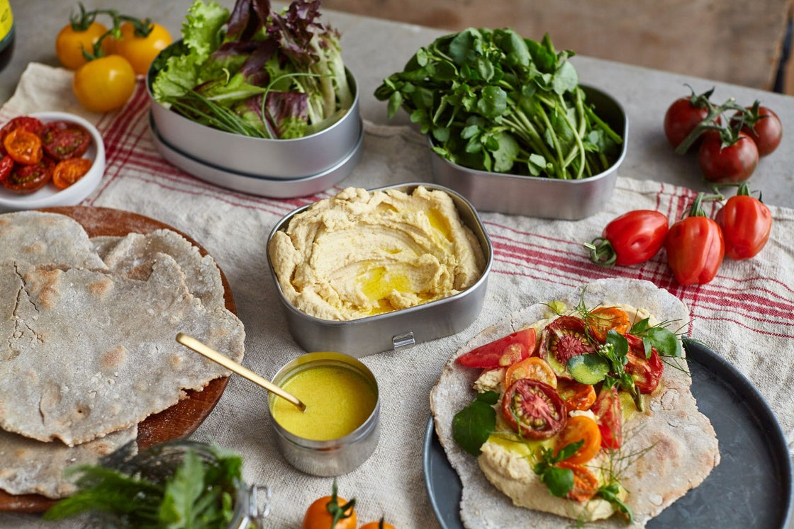 Buckwheat Flatbreads with Udo's Hummus and Seasonal Greens