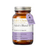 Udo's Choice Adult's Blend 50+ Microbiotics in an amber glass bottle with a silver metal cap and a purple hanging tag, shown on a white background.