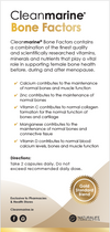 Product packaging for Cleanmarine Bone Factors with text and branding details.