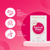 Cleanmarine Period Plan supplement packaging on a pink background with icons and text about psychological function, healthy skin, and energy levels.