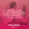 Three women sitting together with a promotional message for PeriodPlan on a pink background.