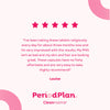 Five-star review for Period Plan Cleanmarine on a pink background with brand name.