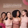 Four women standing together with a quote about Cleanmarine's approach to menstrual health on a brown background.