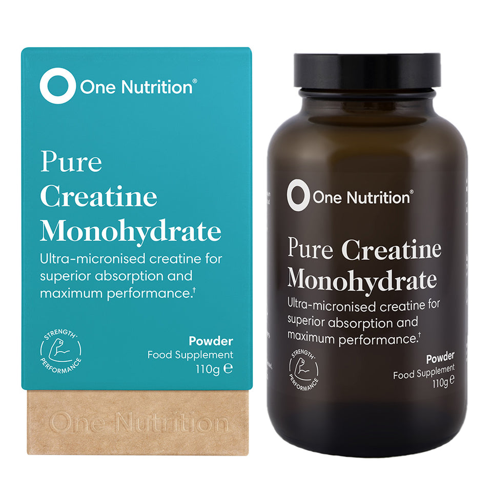One Nutrition Pure Creatine Monohydrate supplement bottle and packaging on a white background