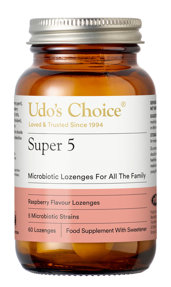 Udo's Choice Super 5 microbeiotic lozenges bottle on a white background