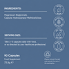 Blue informational supplement label with text listing ingredients, serving size, and capsule count, alongside circular icons for vegan, gluten free, soy free, and dairy free.