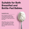 Spoonful of probiotic powder with text on a pink background