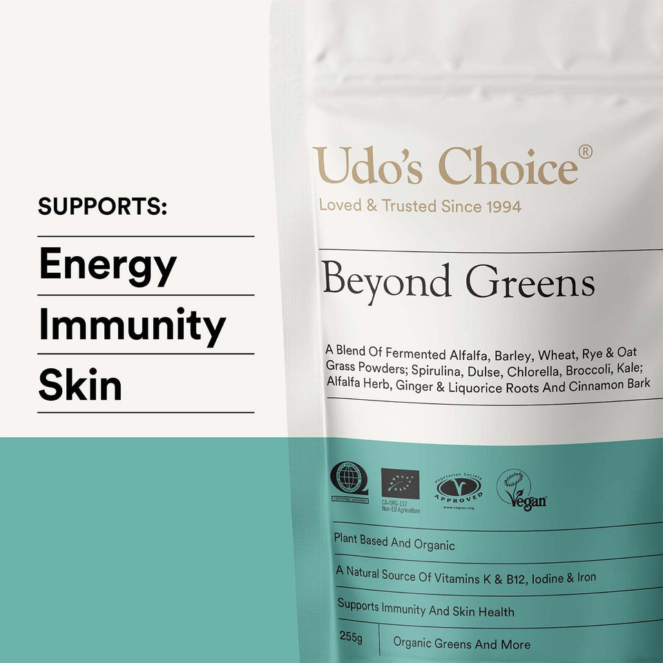 Udo's Choice Beyond Greens package with text highlighting benefits on a white background