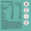 Nutrition label with serving size, calories, and ingredient list on a teal background
