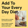 Person pouring a bottle of dressing over a salad with text on a yellow background