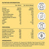 Nutrition information and certification logos on a yellow background
