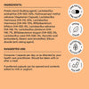 Product label with ingredients and suggested use on a peach-colored background