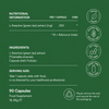 A green informational panel showing nutritional information, ingredients, serving size, and feature icons for vegan, gluten free, soy free, and dairy free. Text reads 'L-theanine (green tea) extract (mg) 200' and '90 Capsules' for a food supplement.