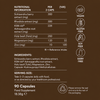 Nutritional information panel for a supplement on a dark brown background, showing ingredients, serving size, 90 capsules, and icons indicating vegan, gluten free, soy free, and dairy free.